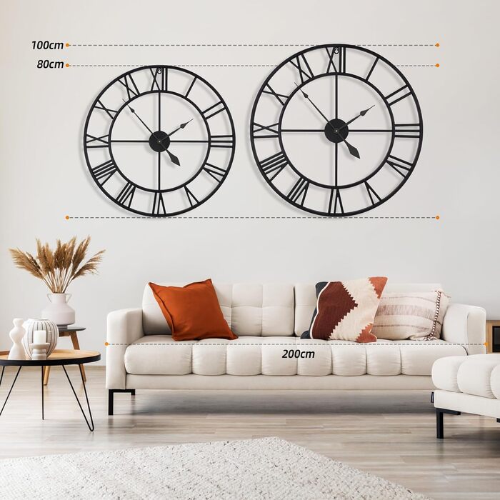 Великий круглий металевий настінний годинник у вінтажному стилі, безшумний, не цокаючий, працює від батареї, 40 см, 16 дюймів, римські цифри, годинники для вітальні, спальні, кухні, настінний годинник, прикраса (чорний, 80 см)