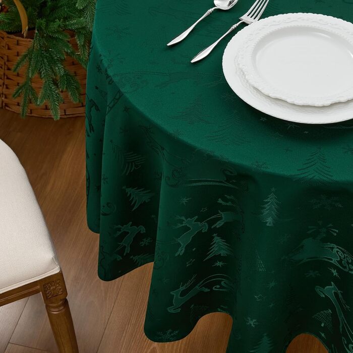 Маленька різдвяна скатертина Romanstile, яку можна прати та вона водовідштовхувальна, жакардові олені та ялинка, квадратна скатертина для журнального столика, святкова, подарункова ( 160 см, темно-зелена)