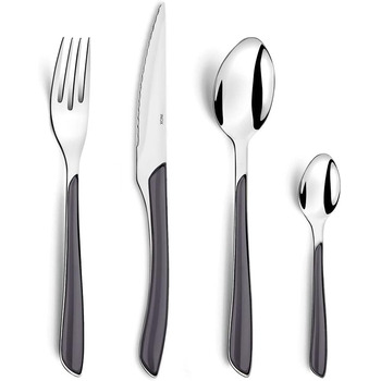 Набор столовых приборов, 24 предмета, набор столовых приборов на 6 человек, коричневые пластиковые ручки под дерево, можно мыть в посудомоечной машине, столовые приборы из нержавеющей стали, светлое дерево (серый)