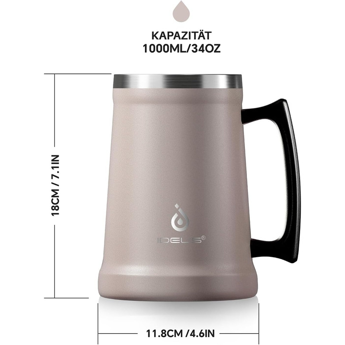 Термокухоль для пива 1 л темно-рожевий Ideus