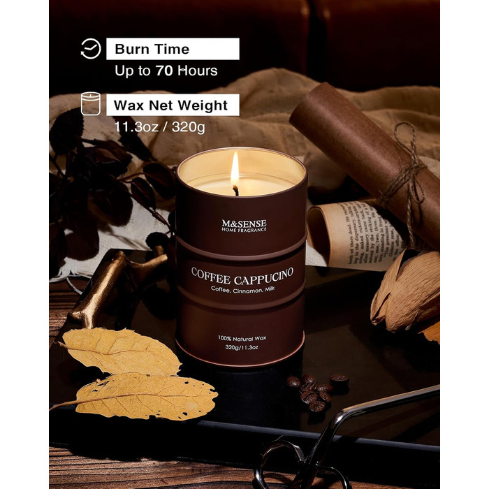 Ароматичні свічки M&SENSE з натурального соєвого воску, натуральна соєва свічка для домашнього декору, тривалий час горіння до 70 годин, класні подарунки-свічки для чоловіків і жінок (320 г, кардамон)