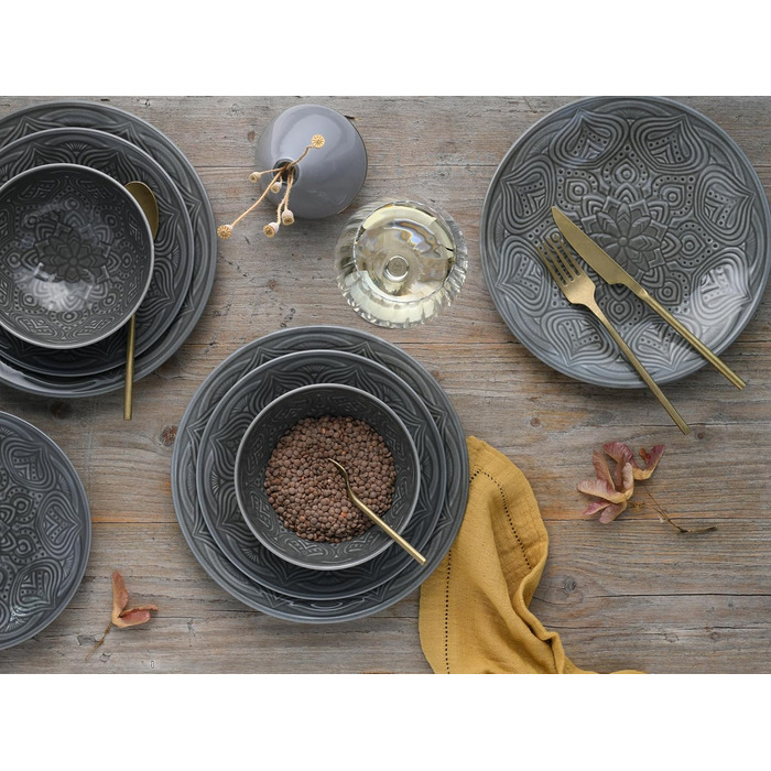 Серія Набір посуду Orient Mandala з 18 предметів, набір тарілок з порцеляни (набір тарілок 12 предметів, камінь), 21627