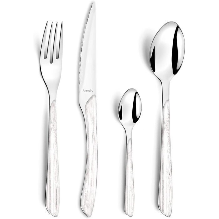 Набір столових приборів Amefa ECLAT Nature, 24 предмети, набір столових приборів на 6 осіб, коричневі пластикові ручки під дерево, можна мити в посудомийній машині, столові прибори з нержавіючої сталі, світле дерево (біле дерево)