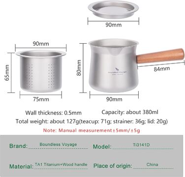 Титановий чайник для кемпінгу 380 мл Boundless Voyage