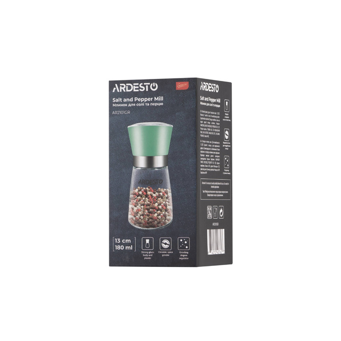 ARDESTO Gemini Мельница для соли и перца, 180 мл, стекло, пластик, прозрачный, зеленый