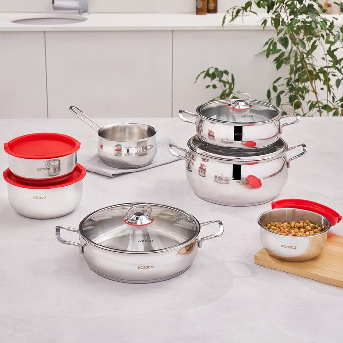 Набір індукційного посуду преміум-класу Karaca Emirgan з 8 предметів, сріблясто-червоний, міцний набір індукційного посуду, підходить для всіх типів плит, скляна кришка, каструлі та сковорідки, які можна мити в посудомийній машині (13 предметів - срібляст
