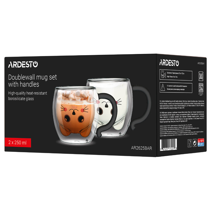 ARDESTO Набір чашок з ручками Animals з подвійними стінками, 250 мл, 2 од., боросилікатне скло