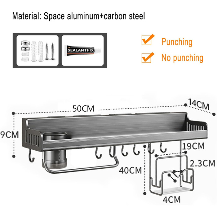 Підвісна підставка для спецій, настінне кріплення, підвісна підставка для горщиків, підставка для кухонного начиння з гачками, кухонна підставка для зберігання (40 см, 2 склянки) (сіра, 50 см 1 склянка)
