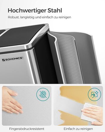 Кухонний контейнер для сміття SONGMICS, 3 x 18 л, система розділення сміття з 3 відділеннями, включаючи 15 мішків для сміття, відро для сміття, відро для сміття на педалі, для перероблених відходів, органічних відходів, з кришкою, LTB54BK (сріблястий мета