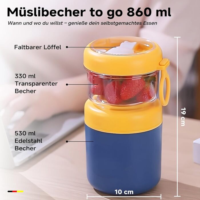 Стаканчик для пластівців 860 мл із складаною ложкою, жовто-синій NEXROLA