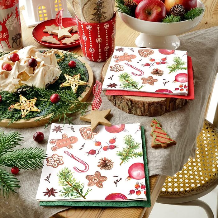 Серветки 3-шарові (33 x 33 см) 20 шт. Різнокольорові паперові серветки, ідеальні для різдвяного столу Серветки - Різдво, зима, зірки, сніг, сніговики (Домашні солодощі)