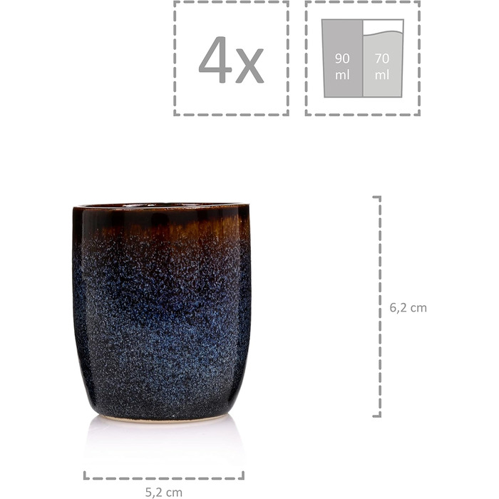 Співачка Набір кавових чашок Токіо 4 шт. , Набір кавових кухлів 4 персони, Чашка з кераміки Сейф для посудомийної машини, Набір чашок ручної роботи, Набір кухлів для кави, Набір кухлів синьо-чорний з коричневими вставками 300 мл (набір чашок для еспресо 4