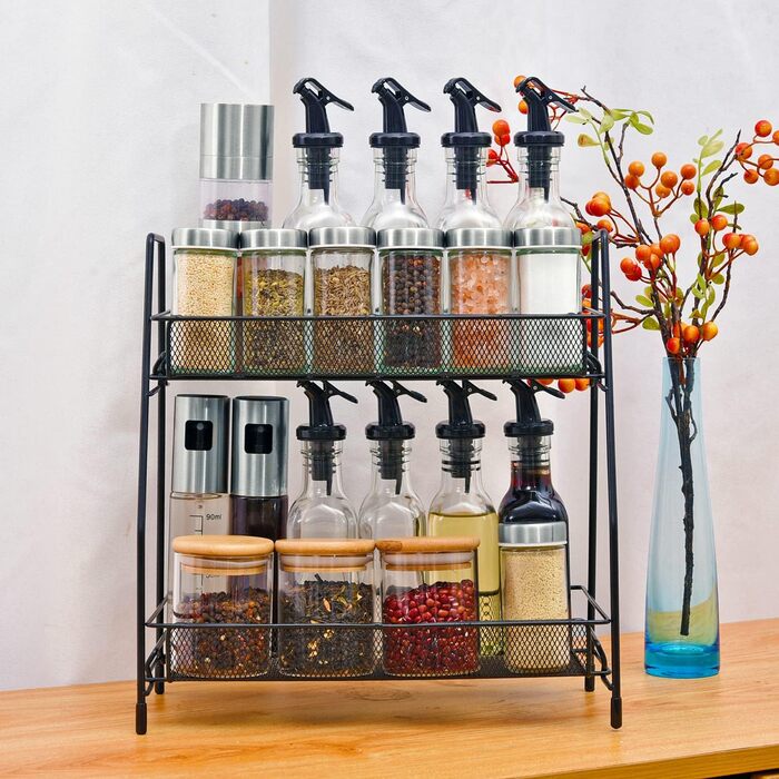 Квадратна стійка для спецій Miorkly з 20 круглими банками для спецій, карусель для спецій з нержавіючої сталі, що обертається на 360, органайзер для спецій, підставка для спецій, що стоїть, банки для спецій із вставкою, що розповсюджується, банка для спец