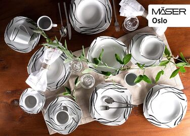 Серія Осло, набір тарілок з 12 предметів на 6 осіб з порцеляни, класичний столовий сервіз, позачасовий, елегантний, чорно-білий столовий сервіз 12 шт., 920673