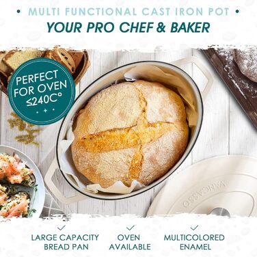 Чавунна сковорода Vancasso, чавунна каструля з кришкою, емальоване покриття об&39ємом 5 л, індукційна запіканка, каструля, чавунна сковорода для всіх типів плит, підходить для індукції, кругла, кремово-біла, 5 л біла (білий, 37 см)