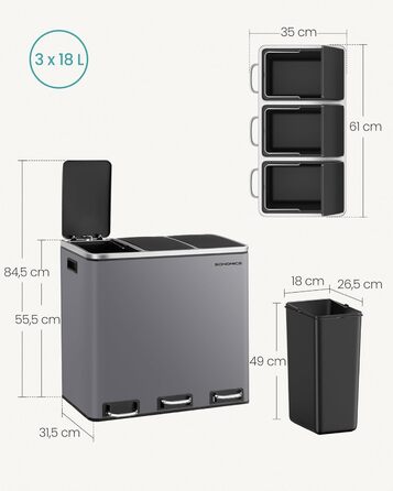 Кухонний кошик для сміття SONGMICS, 3 x 18 л, система розділення сміття з 3 відділеннями, включаючи 15 мішків для сміття, відро для сміття, відро для сміття з педаллю, для вторинної переробки, органічні відходи, з кришкою, LTB54BK (матово-сірий)