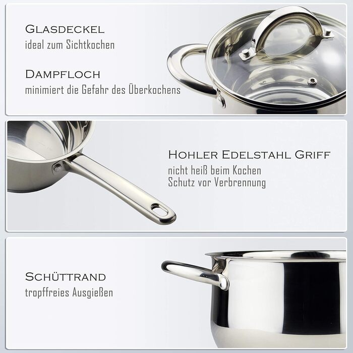 Набір з 4 каструль з нержавіючої сталі зі скляними кришками Linnuo