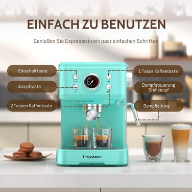 Кавомашина Empstorm Espresso Portafilter з піноутворювачем для молока, еспресо-машина 20 бар з портафільтром, еспресо-машина 2 в 1 для порошку та капсул, резервуар для води 1,5 л, кавоварка з портафільтром, білий (світло-блакитний)