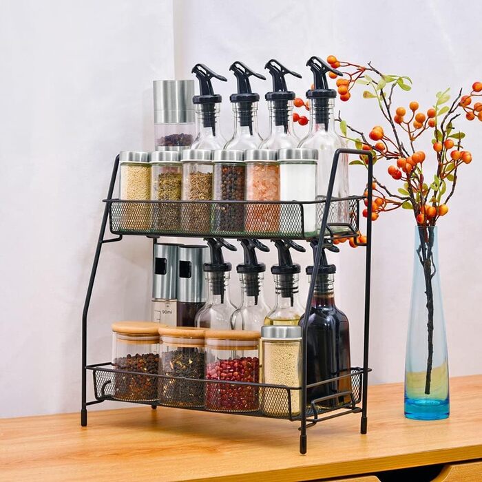 Квадратна стійка для спецій Miorkly з 20 круглими банками для спецій, карусель для спецій з нержавіючої сталі, що обертається на 360, органайзер для спецій, підставка для спецій, що стоїть, банки для спецій із вставкою, що розповсюджується, банка для спец