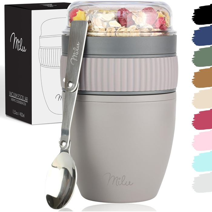 Стаканчик для пластівців Milu на винос 400 мл з назвою MsliMax для йогурту герметичний стаканчик з ложкою (сіро-коричневий, пластик)