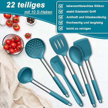 Набір силіконових кухонних гаджетів Herogo, набір кухонного посуду з 22 предметів Набір кухонних столових приборів із тримачем для посуду, термостійке кухонне начиння з ручкою з нержавіючої сталі, антипригарне та здорове (синій)