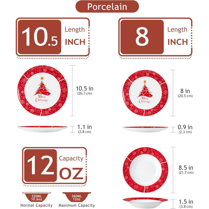 Серія 30-предметний порцеляновий різдвяний набір посуду на 6 осіб, різдвяний кавовий сервіз на 6 обідніх тарілок, 6 десертних тарілок, 6 супових тарілок, 6 кавових чашок та 6 блюдець (Christmastrele, обідній сервіз на 18 осіб)