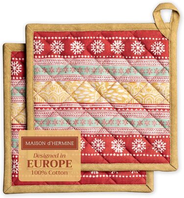 Рукавички для духовки Maison d&39 Hermine, підставки для каструль, 100 бавовна, термостійкі кухонні рукавички, рукавички для духовки (19 см x 33 см) та підставки для каструль (20 см x 20 см) для приготування їжі, Morzine - рукавички для духовки на День по