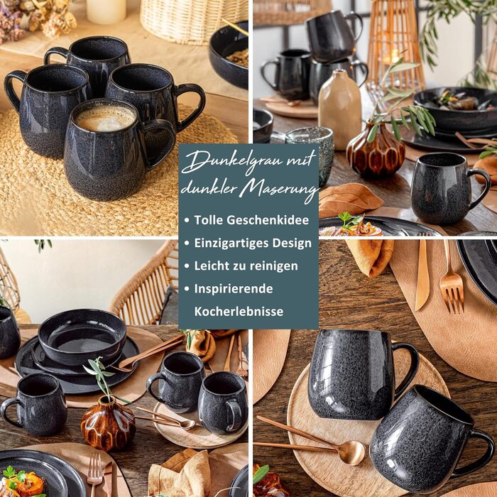 СПІВАЧКА Набір тарілок Балі 12 шт. , Набір посуду 4 персони, Тарілки з керамограніту, Столовий посуд в т.ч. Тарілки обідні, Тарілки для тортів і глибокі тарілки, Тарілки обідні, Столовий сервіз темно-сірий з темним зерном (Кавова кружка 4 шт.)