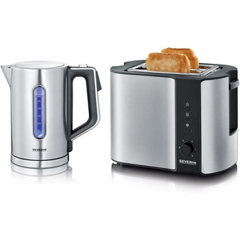 Цифровий чайник SEVERIN з потужністю швидкого кип'ятіння та індивідуальним вибором температури, об'єм наповнення 1,7 л XXL, матова нержавіюча сталь / чорний, 3000 Вт, 100 без бісфенолу А, WK 3418 (комплект з тостером з насадкою для булочок)
