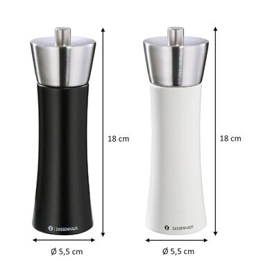 Набір млинів Zassenhaus AUGSBURG Букова деревина Подарунковий набір Чорно-біле Головка млина з нержавіючої сталі з плавним регулюванням керамічної шліфувальної машини Млини для спецій з наповнювачем Ø 5,5 см, H 18 см