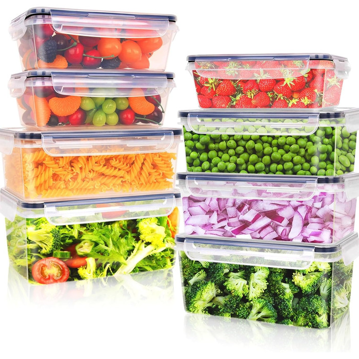 Набір Kottwca, набір Tupperware із 30 предметів (15 контейнерів 15 кришок), кухонні коробки для приготування їжі, 100 герметичні, без бісфенолу А, контейнер для зберігання продуктів для мікрохвильової печі та холодильника (набір з 8 великої місткості)