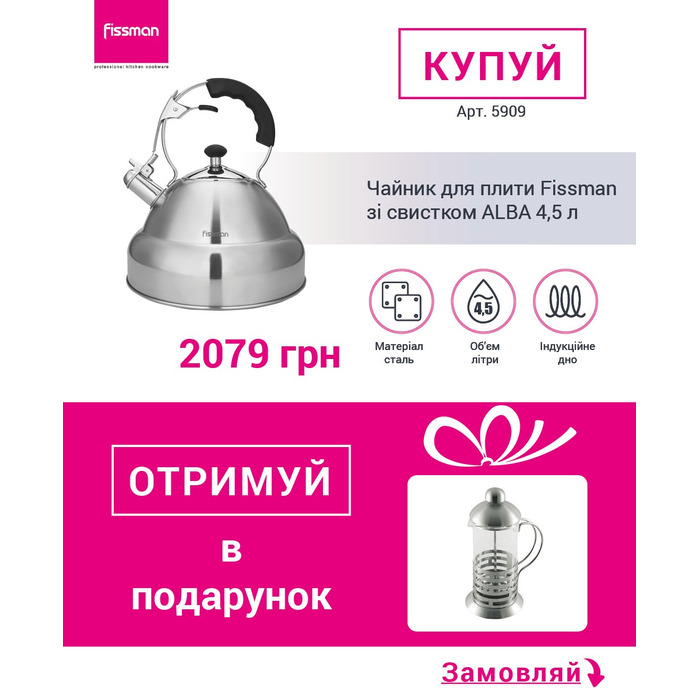Чайник для плити Fissman зі свистком ALBA 4,5 л