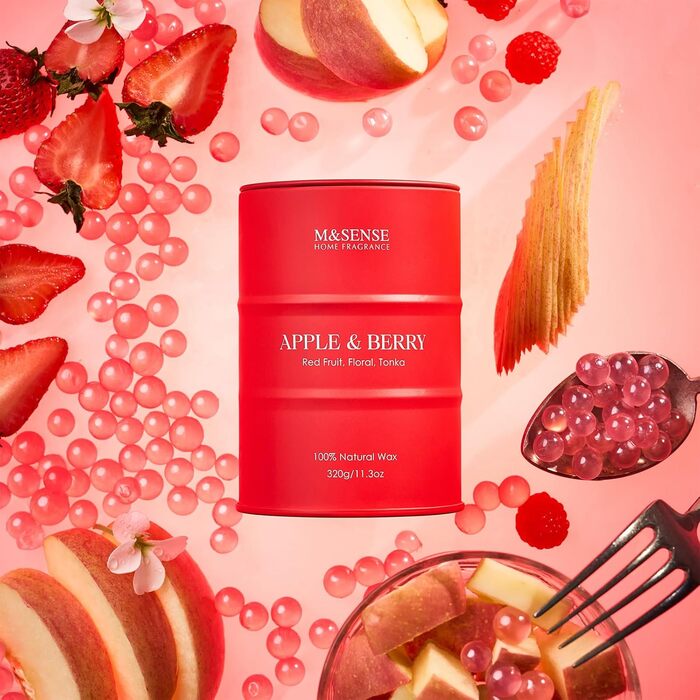 Ароматичні свічки M&SENSE з натурального соєвого воску, натуральна соєва свічка для домашнього декору, тривалий час горіння до 70 годин, класні подарунки-свічки для чоловіків і жінок (320 г, яблуко-ягідний)