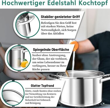 Велика каструля TEAMFAR, каструля з нержавіючої сталі, індукційна плита, скляна кришка, 3-шарове дно для всіх типів плит, каструля для пасти 26 см, каструля для м&39яса, без покриття та нетоксична, можна мити в посудомийній машині (5,7 літра)