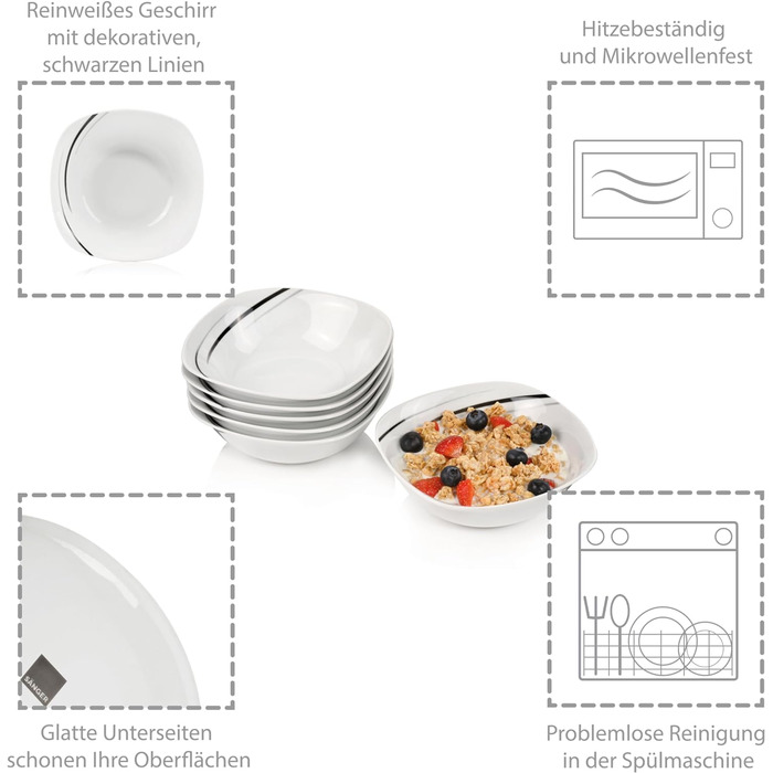 СПІВАЧКА Порцеляновий столовий сервіз Bilgola Black Lines, набір посуду з 18 предметів на 6 персон, набір тарілок, квадратний (круп'яні миски 6 шт.)