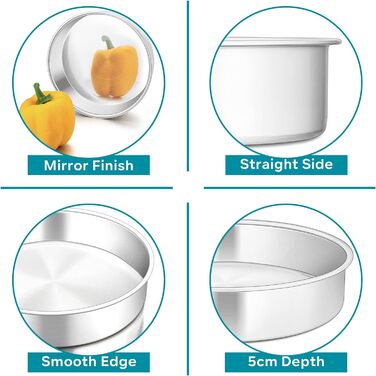 Большая форма для выпечки 20,3 см, нержавеющая сталь Herogo, круглая форма для выпечки, набор из 3 шт., слоеная форма для торта, формы для подноса на день рождения, глубина 5 см и бесшовный дизайн, прочный и пригодный для мытья в посудомоечной машине 20 с