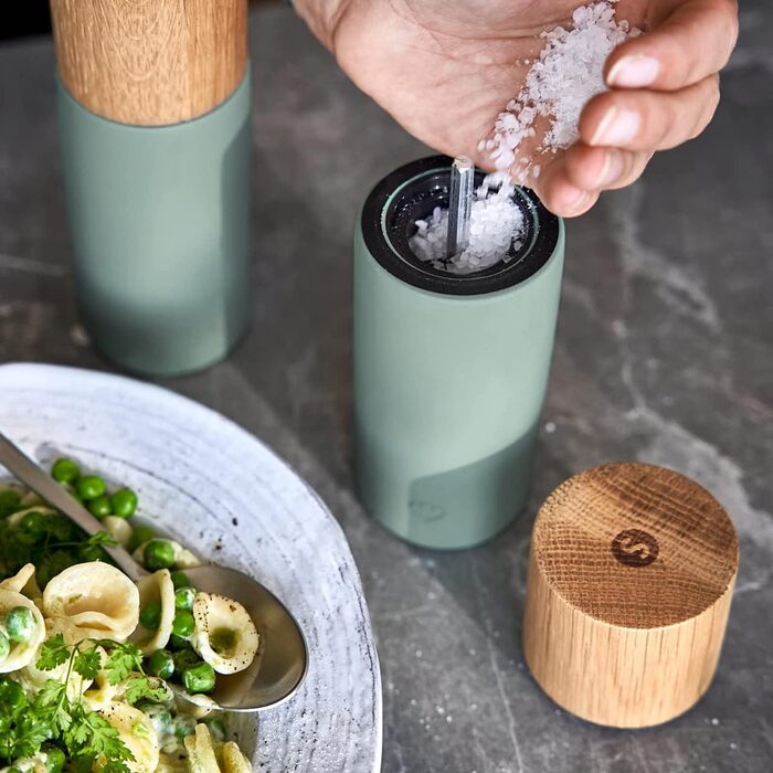 Набір млинів для солі та перцю з 2 та бетону, млин для спецій, млин чилі, регульована керамічна кавомолка, без наповнення, скандинавський дизайн - дуб (м'ята)