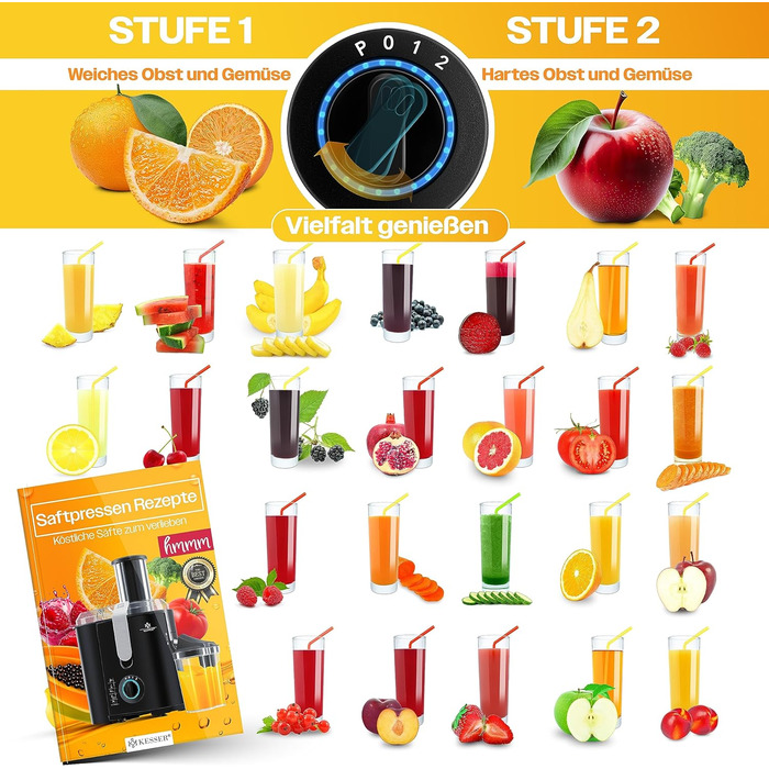 Соковижималка KESSER для фруктів та овочів з нержавіючої сталі 1100 Вт великий завантажувальний отвір 85 мм з щіткою для чищення та контейнером для соку 3 режими швидкості, соковижималка, сріблястий (чорний / сріблястий)