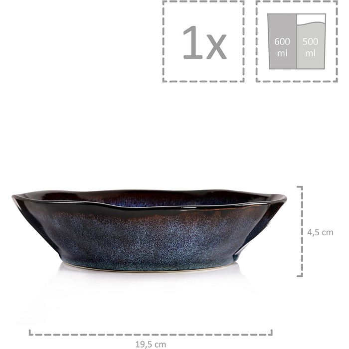 ПЕВЕЦ Тарелка для пасты Токио 4 шт., Тарелка для спагетти на 4 персоны, Набор посуды из керамогранита Макароны, Тарелка для лапши, Посудомоечная машина, Миска для пасты ручной работы, Миска для макарон сине-черная с коричневыми акцентами 1,2 л (суповая та