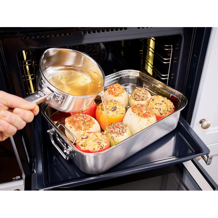 Форма для запікання RSLE EXPERTISO, універсальна ємність для приготування їжі з нержавіючої сталі 18/10, скляна кришка, внутрішня вага, підходить для індукційних плит, можна мити в посудомийній машині, срібляста (38 x 28 см, прямокутна форма для запікання