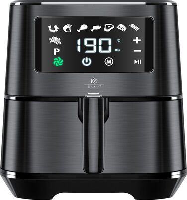 Фритюрниця KESSER XXL 5.5 літрів з нержавіючої сталі В т.ч. Кошик для випічки хліба Фритюрниця 1700 Вт Фритюрниця Аерофритюрниця Сенсорний дисплей 8 Програми без НАФТИ Піч Конвекція Гриль Знежирений (чорний)