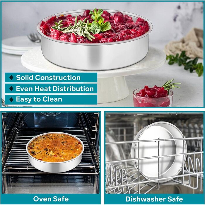 Большая форма для выпечки 20,3 см, нержавеющая сталь Herogo, круглая форма для выпечки, набор из 3 шт., слоеная форма для торта, формы для подноса на день рождения, глубина 5 см и бесшовный дизайн, прочный и пригодный для мытья в посудомоечной машине 20 с