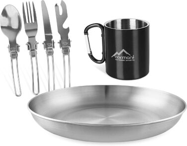 Набір вуличного посуду Normani, що складається з тарілки, чашки та столових приборів із 5 предметів із відкривачкою для пляшок із нержавіючої сталі - вуличний, кемпінговий, туристичний (чорний)