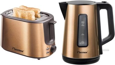 Тостер Bestron з 2 камерами для обсмажування, піддоном для крихт і насадкою для смаження булочок, 1 000 Вт, нержавіюча сталь під вигляд (мідь, комплект з чайником)