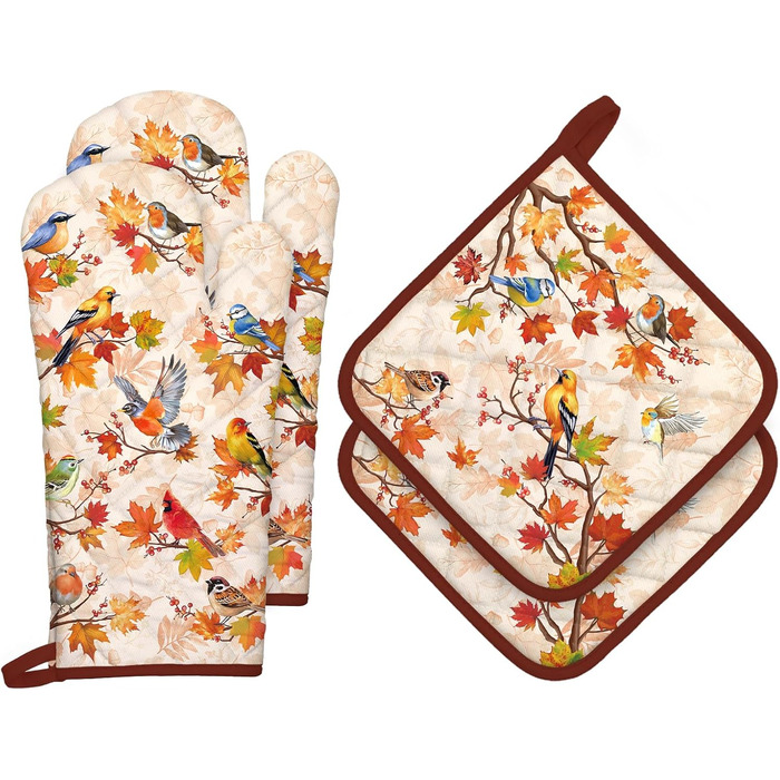 Набір із 2 різдвяних рукавичок для духовки та прихваток Arquiel, 100 бавовняні кулінарні рукавички, термостійкі кухонні рукавички для приготування їжі, різдвяні подарунки для жінок (птахи, рукавички для духовки*2 прихватки*2)