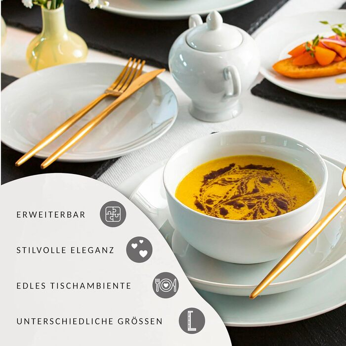 Набір порцелянового посуду на 12 персон, 86 предметів, білий New Port Sänger