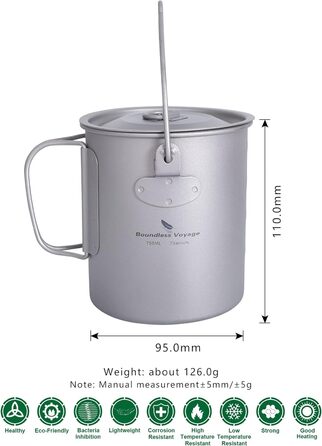 Безмежна подорож на відкритому повітрі 750 мл 800 мл 1100 мл 1300 мл Титанова каструля з кришкою Складна ручка для застави Кемпінг Піші прогулянки Пікнік Ультралегка портативна пляшка для води Чашка Кухоль Набір свиней (750 мл чашка свинина)