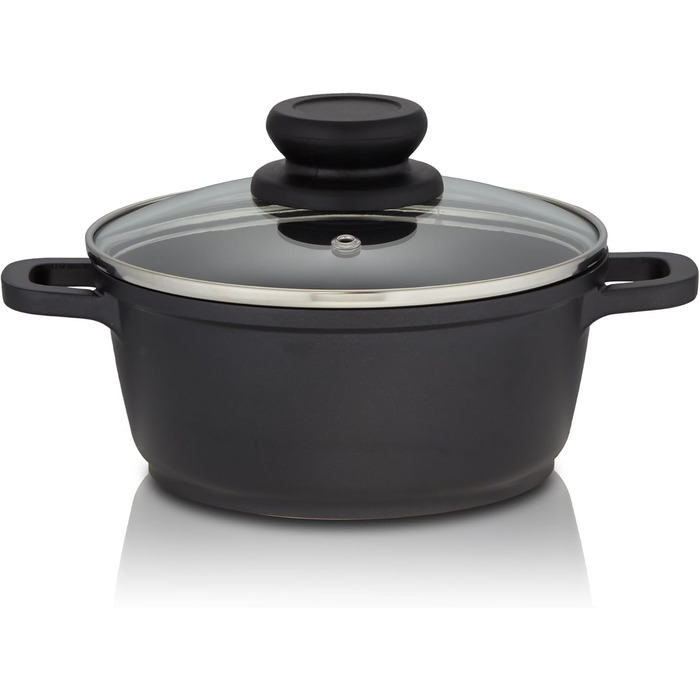 Каструля KHG з індукційним антипригарним покриттям, овочева каструля XXL, велика ємність, 10 літрів Чорний алюміній зі скляною кришкою Міцні, цільні ручки Підходить для всіх плит (16 см)