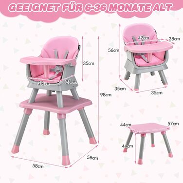 Дитячий стільчик для годування 6-в-1 рожевий COSTWAY