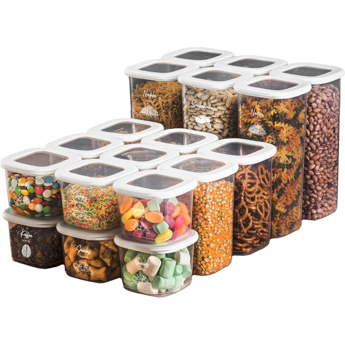 Банки для хранения с герметичными крышками Набор из 24 контейнеров для хранения БЕЗ БИСФЕНОЛА А Для мюсли, хранения муки и сахара Практичный кухонный ящик для хранения всех продуктов (набор из 18 белых)
